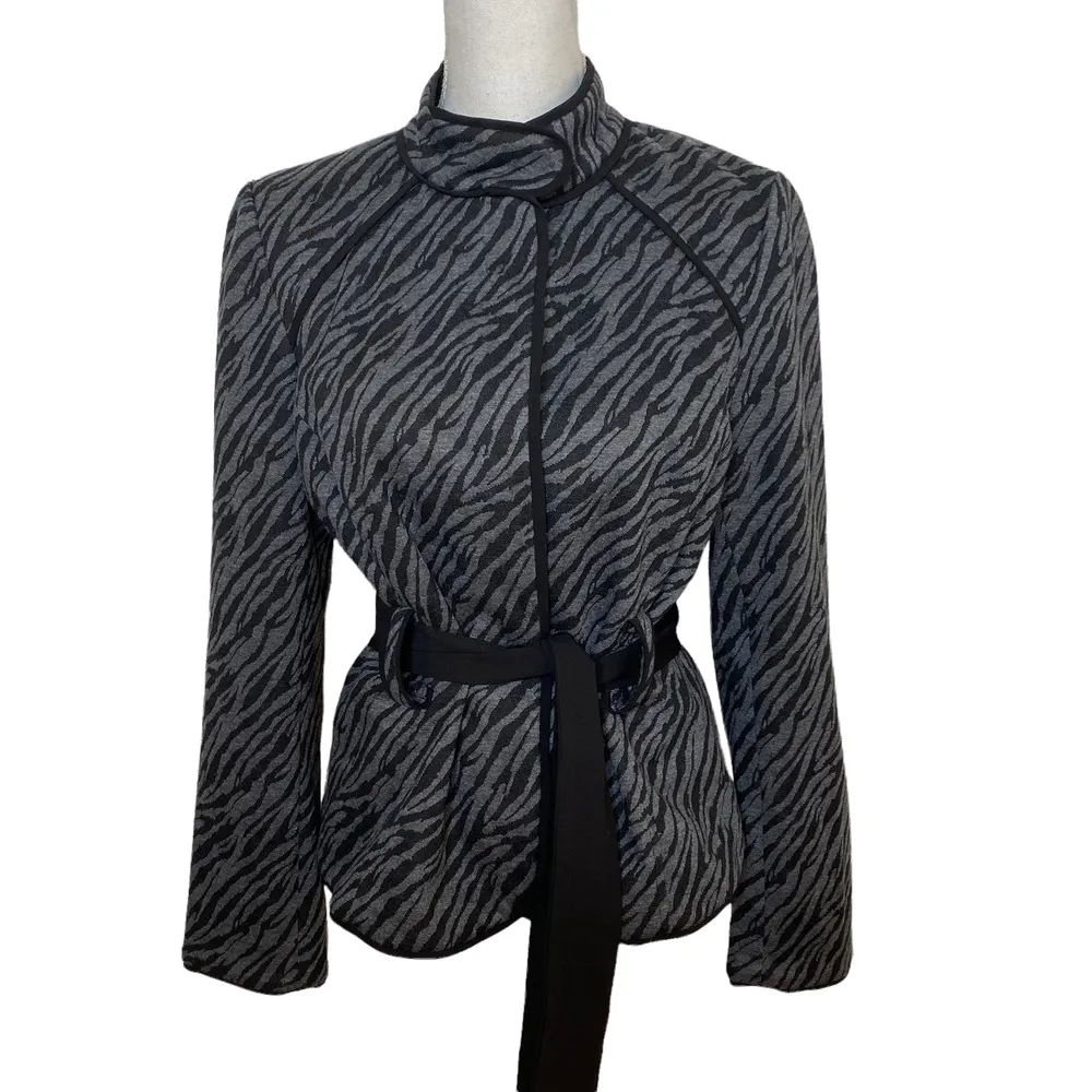 Sandro Animal Print Jacket Zebra Belted Collared, Black & Gray, Size Medium - Image 3