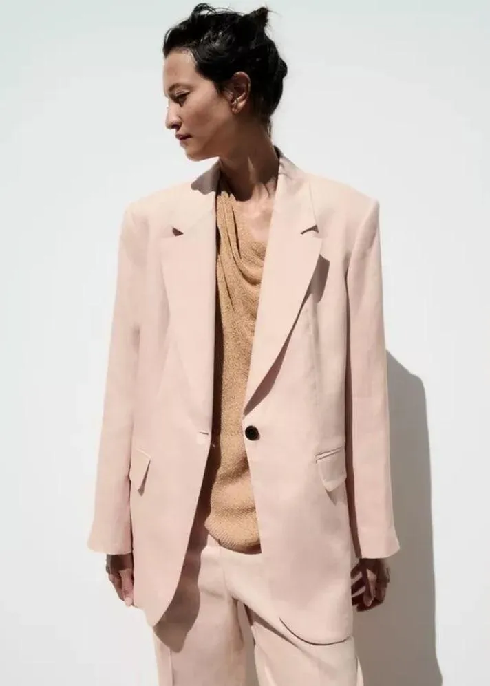 Zara LINEN BLEND ROLL-UP SLEEVE OPEN BLAZER Light Pink Size S NEW - Image 5