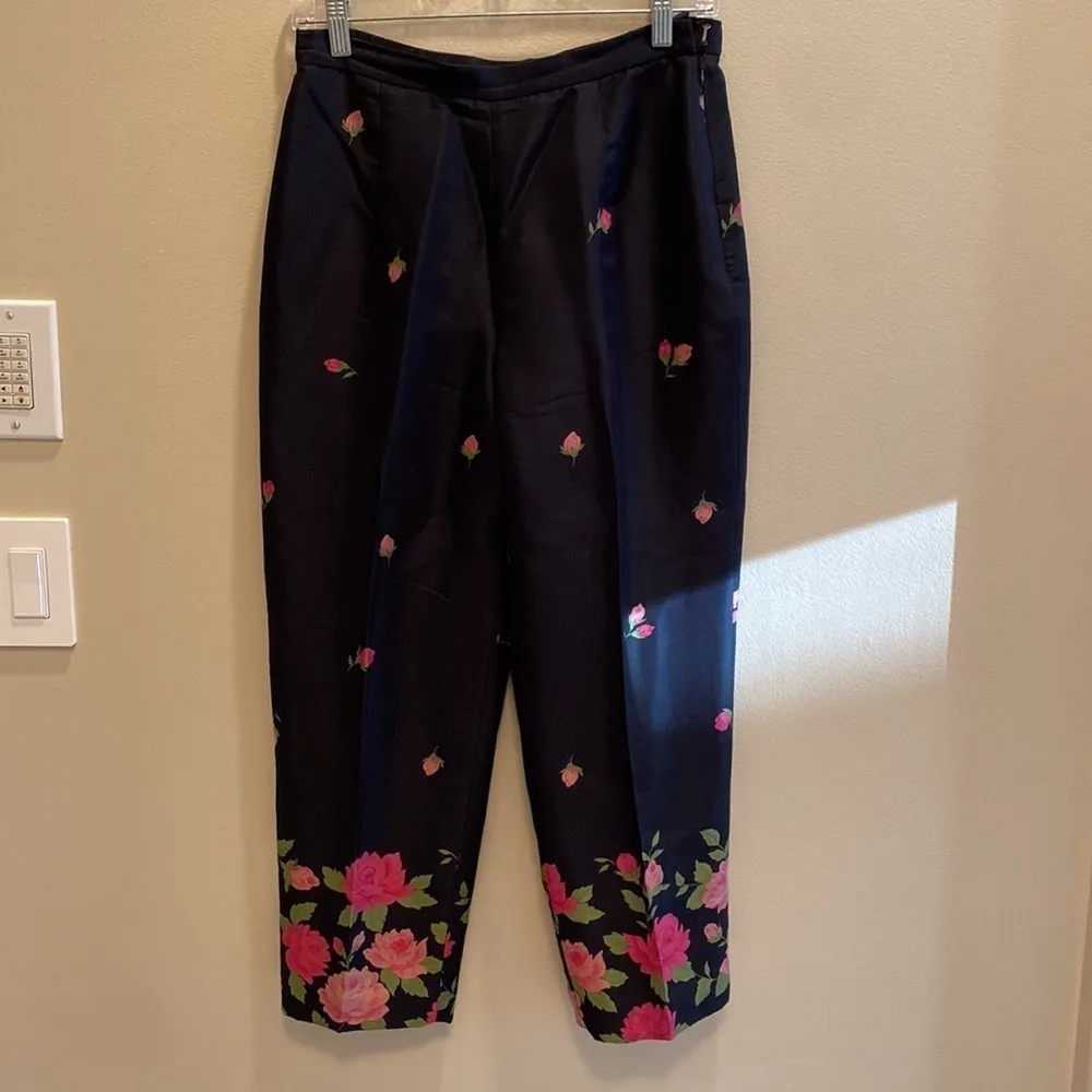 Talbots Dark Romantic Cottagecore Silk Ankle Balloon Pink Roses Size 4P - Image 4