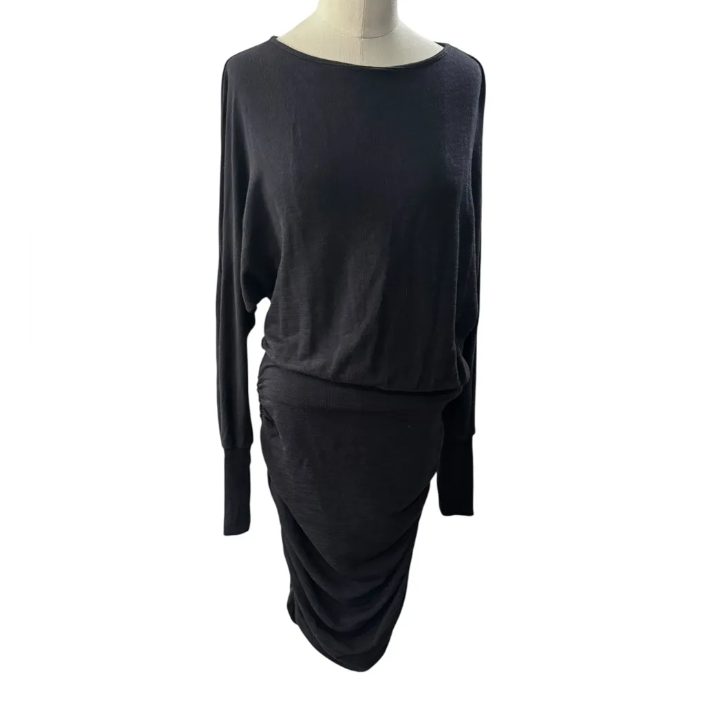 Monrow SUPER SOFT OPEN BACK SHIRRED DRESS BLACK Long Sleeve Size Small NEW - Image 2