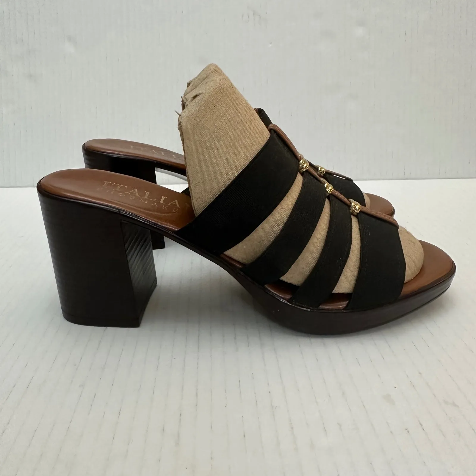 Italian Shoemaker Womens 8 Black Elastic Strappy Block Heel Mules Slides Sandals - Image 4