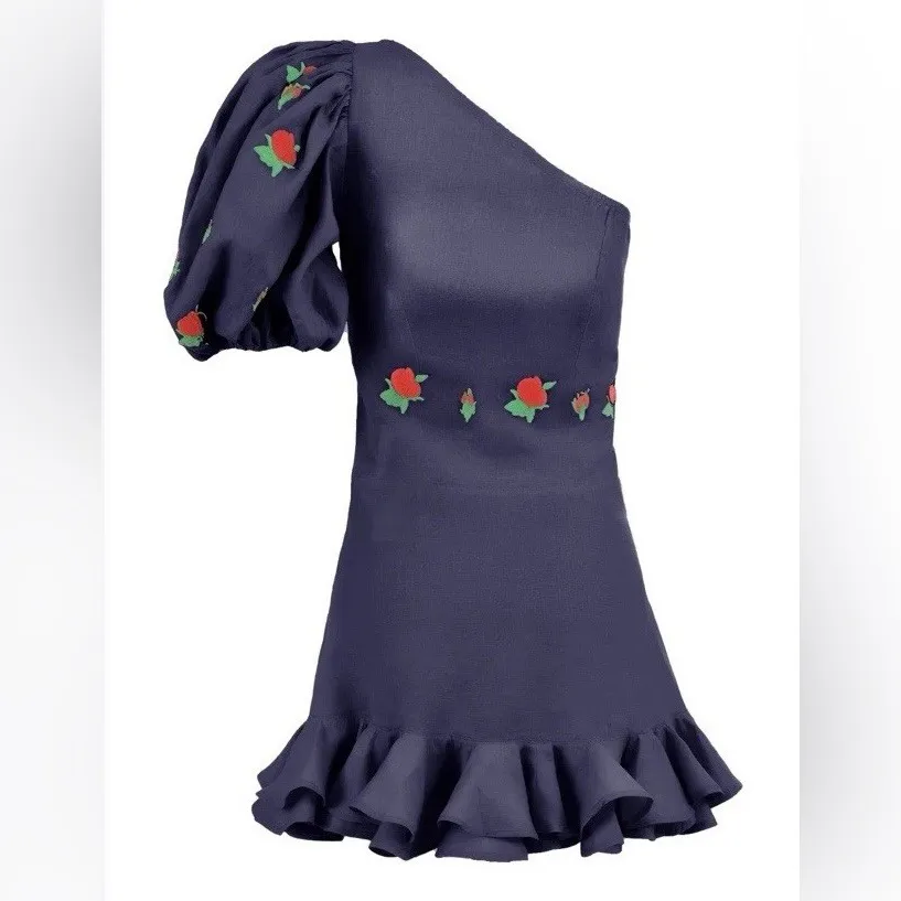 Fanm Mon Flame Linen One Sleeve Ruffle Hem Floral Embroidery‎ Mini Dress S NWT Blue - Image 4