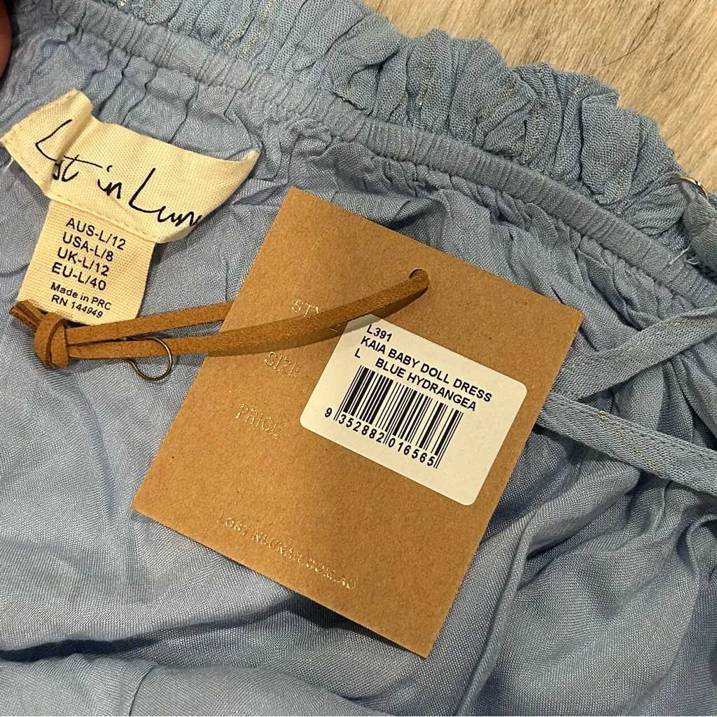 NWT Lost in Lunar Baby Blue Gold Pinstripe Babydoll Sleeveless Mini Dress Size L Size L - Image 4