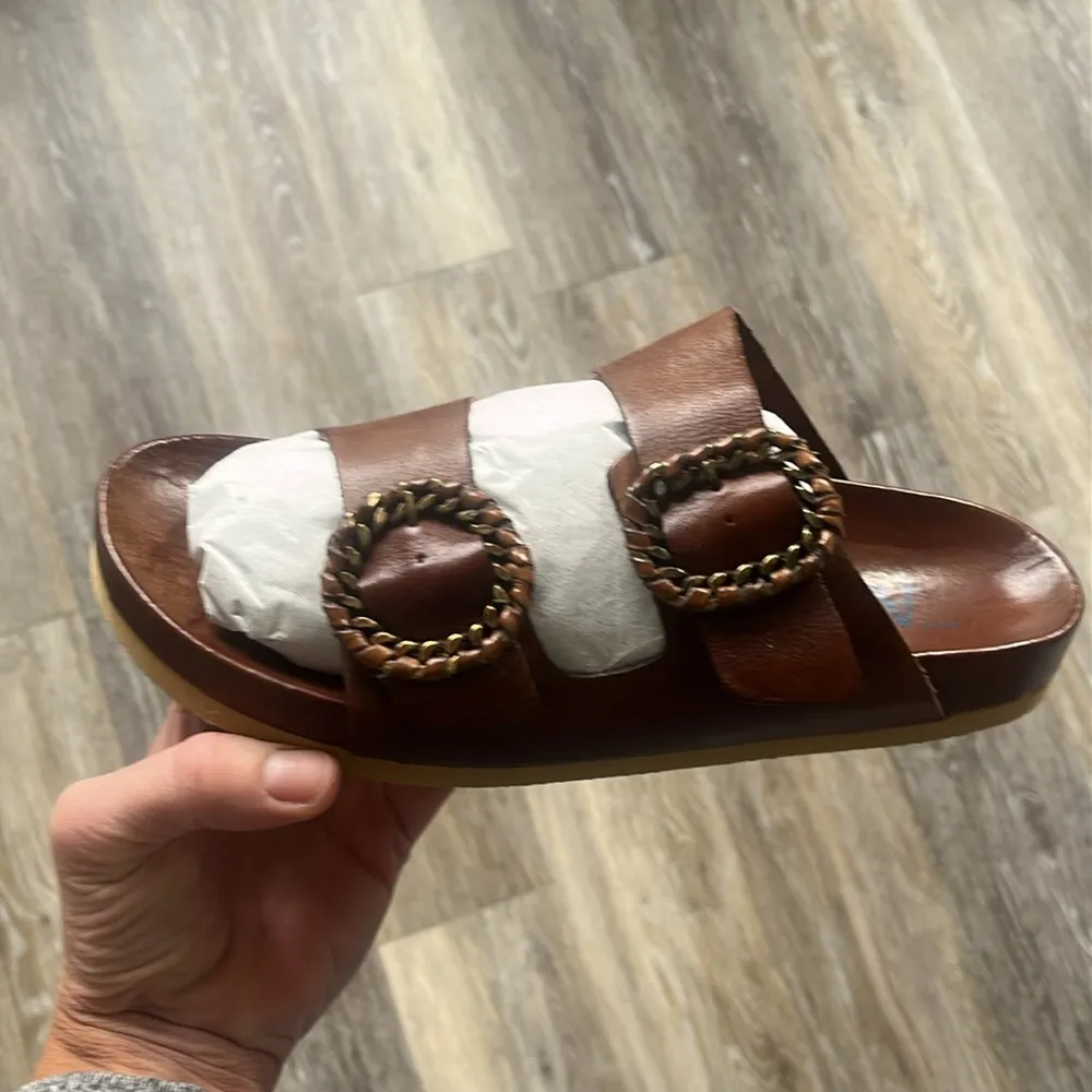 Antenora brown Leather Sandals size 39 or 9 slides handmade Italy buckles NEW - Image 4