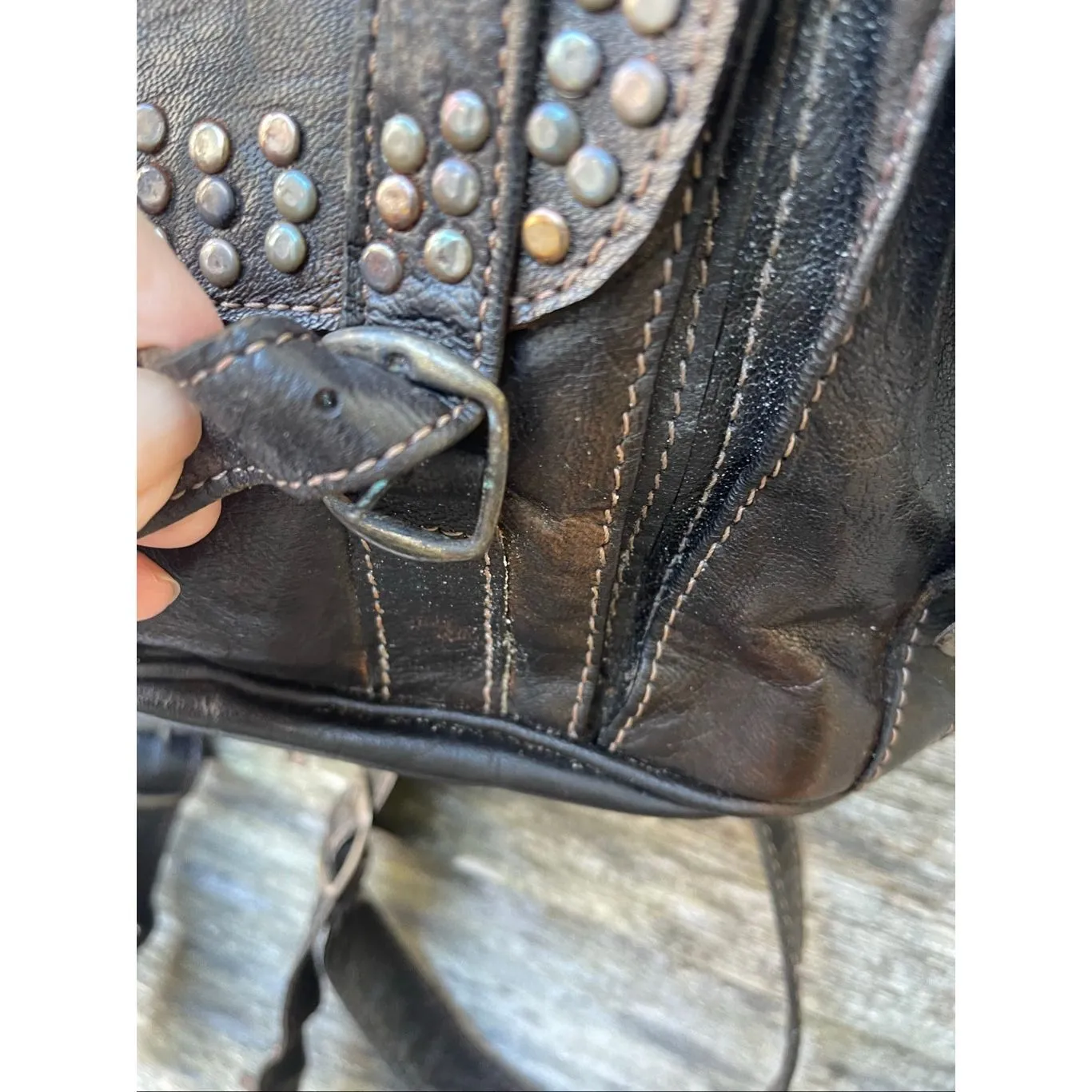 Vintage 70’s leather studded buckles backpack Black - Image 14
