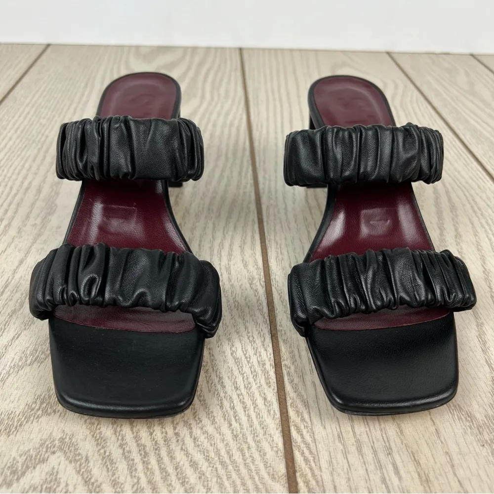 Staud Frankie Ruched Slide on Two Strap Leather Sandals 36 Black $325 Portugal - Image 3