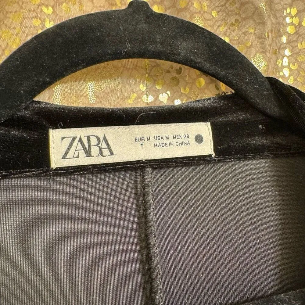 Zara Deep Black Velvet Wrap Front Tie Back Long Sleeve Bouse Medium - Image 3