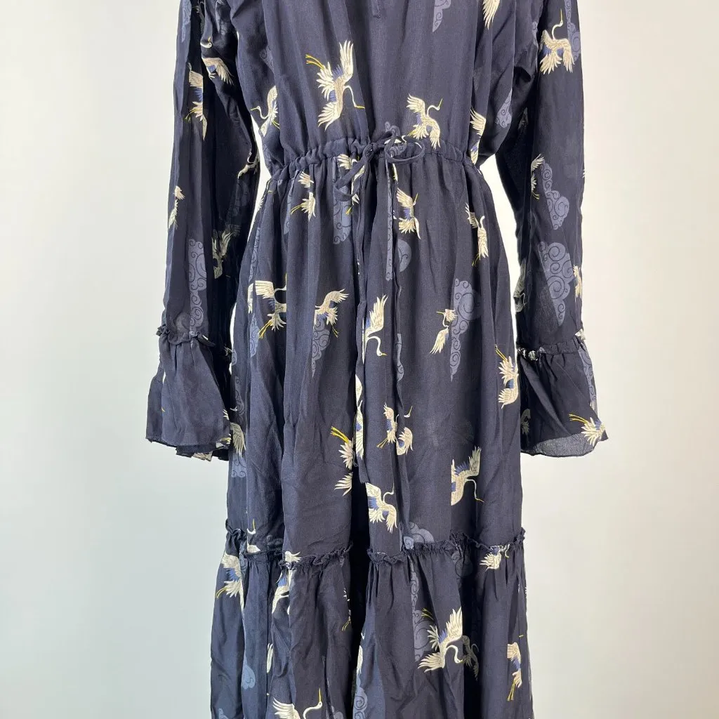$ 480 NWOT JOHNNY WAS Biya Silk Crane Long Sleeves Maxi Dress Navy Blue Size S - Image 8