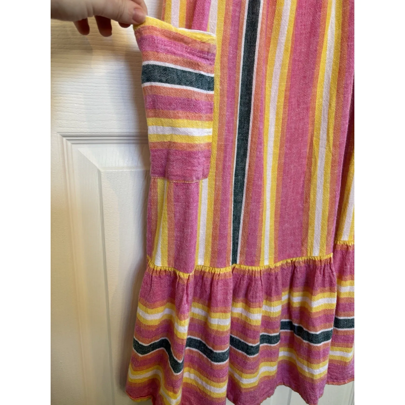 BB Dakota Linen Blend Pink Yellow Striped Dress Size Small Pockets Beach Travel - Image 6
