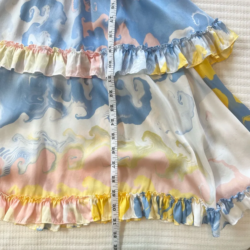 Anne Fontaine Ceramic Silk Watercolor Off the Shoulder Ruffle Mini Dress Blue Size XS - Image 9