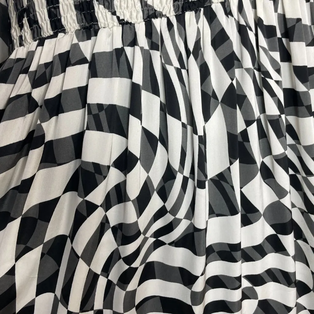 Oddy Dress‎ Geometric Pattern Black White Gray Women Shirred Smocked Bodice Midi Size M - Image 13