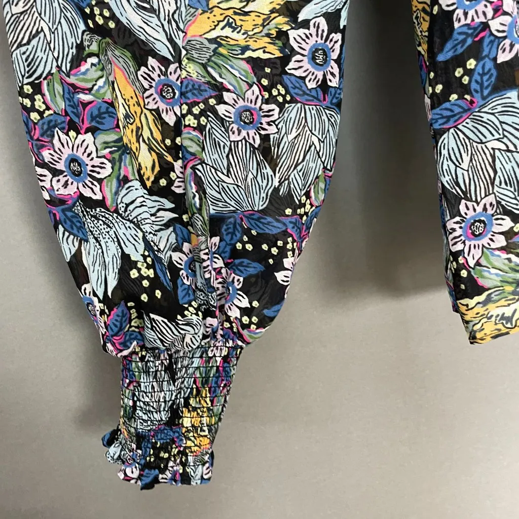 Floral Blouse Sheer Long Sleeve FLAWED Shirred Smocked Ruffles Blue Long‎ Sleeve Size L - Image 7