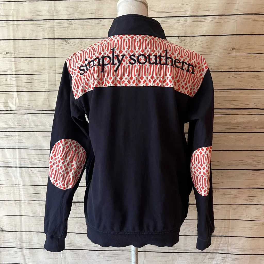 Simply‎ Southern Sweater Women Blue Small Zip Up Pullover Elbow Patch Spellout - Image 2