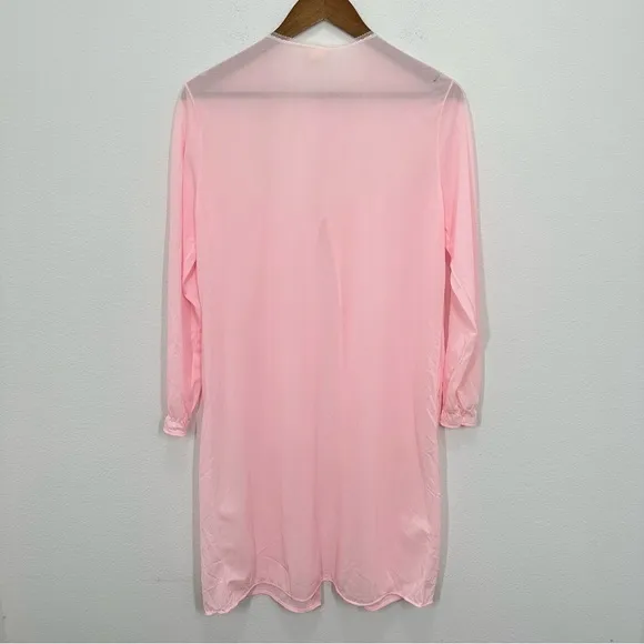 Vintage Sheer Pink Chiffon Nylon Lace Trim Peignoir‎ Robe Button Front Medium - Image 5