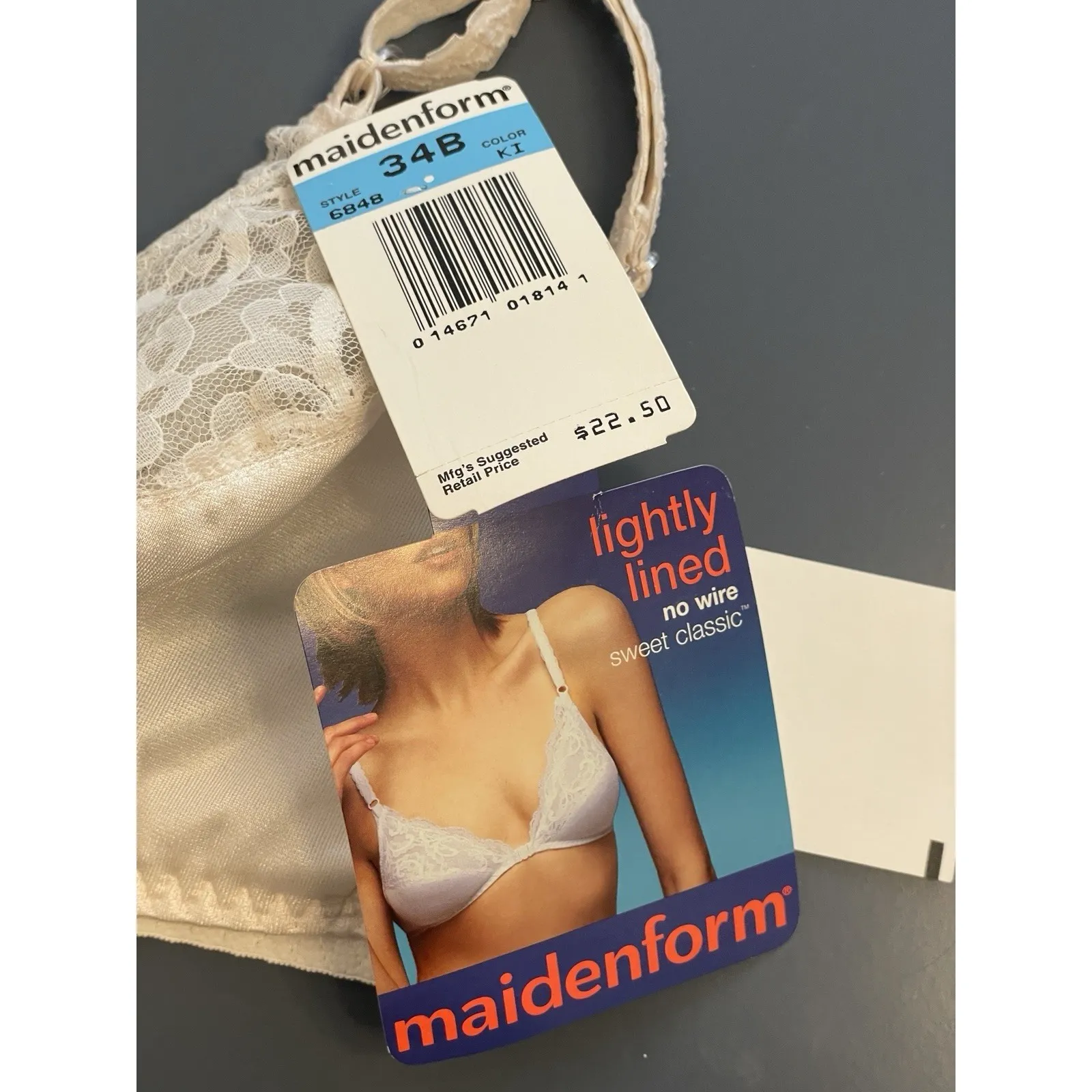 Vintage Maidenform Sweet Classic Bra 34B Ivory Lace Wireless Front 6848 New - Image 2
