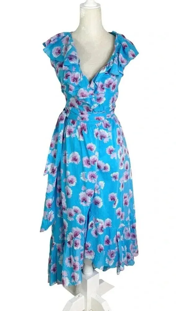 NWT Banjanan Anthropologie Elise Cotton Floral Wrap Midi Dress Blue Size XS - Image 9