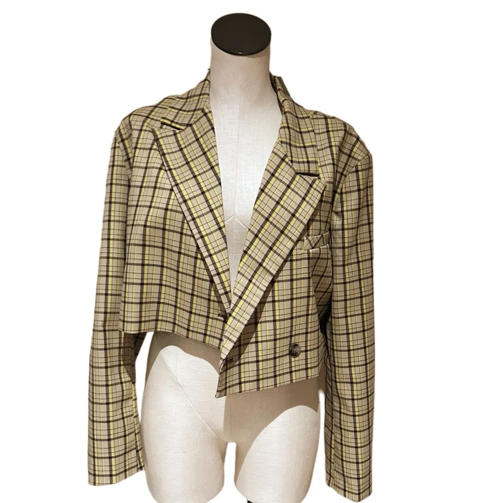 NWT Steve Madden Plaid Cropped Blazer Brown Plaid Mix - Image 8