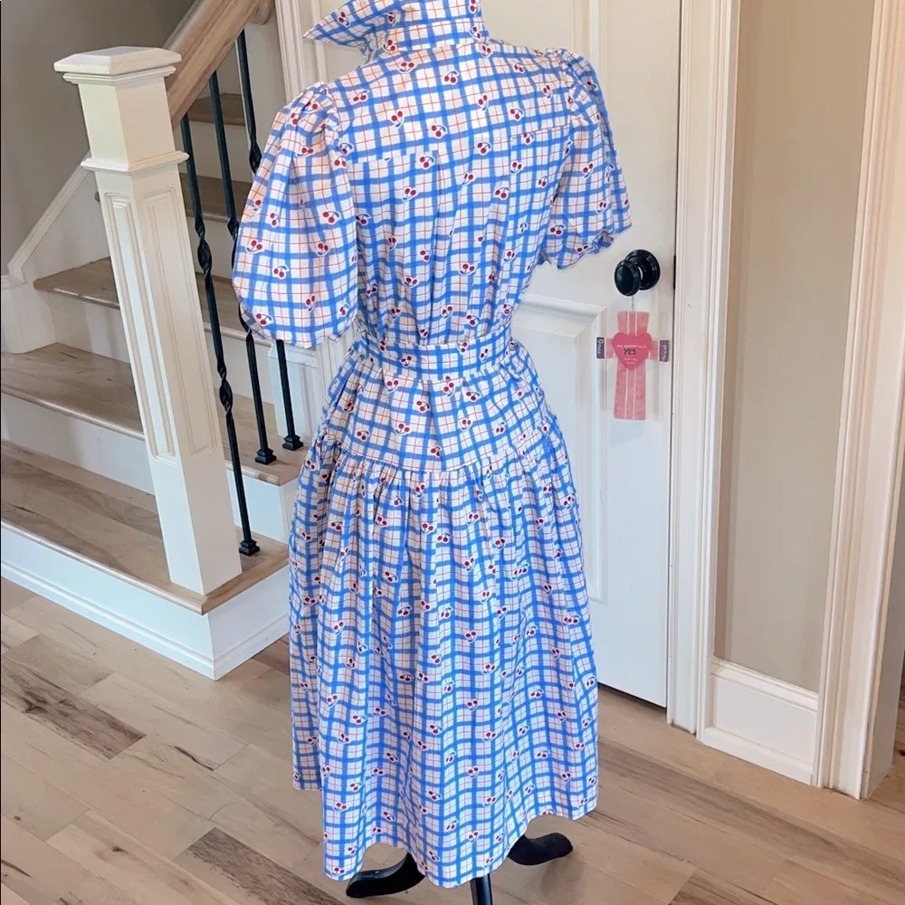 Avara Pinch Sommer Dress Midi Cherry Print Puff Sleeve Cotton New Blue Size XS - Image 9