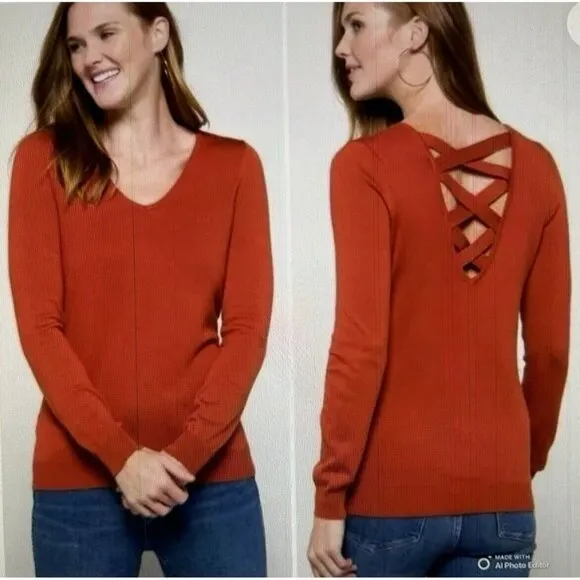 Stitch Fix Love Ellie Sweater Burnt Orange Cross Back Detail Pullover Size M - Image 2