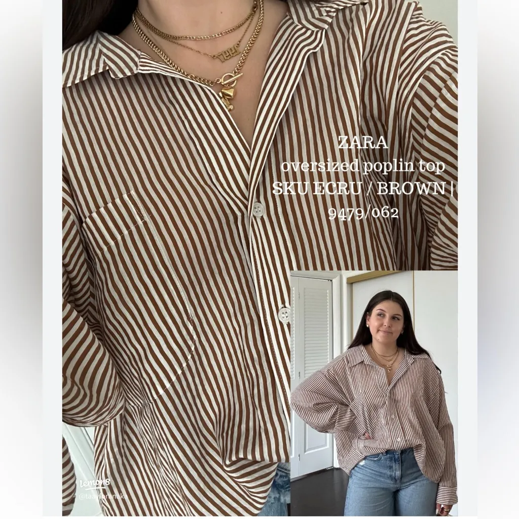 ZARA Women's Brown Stripe Oversized Button Down Shirt large - Image 2