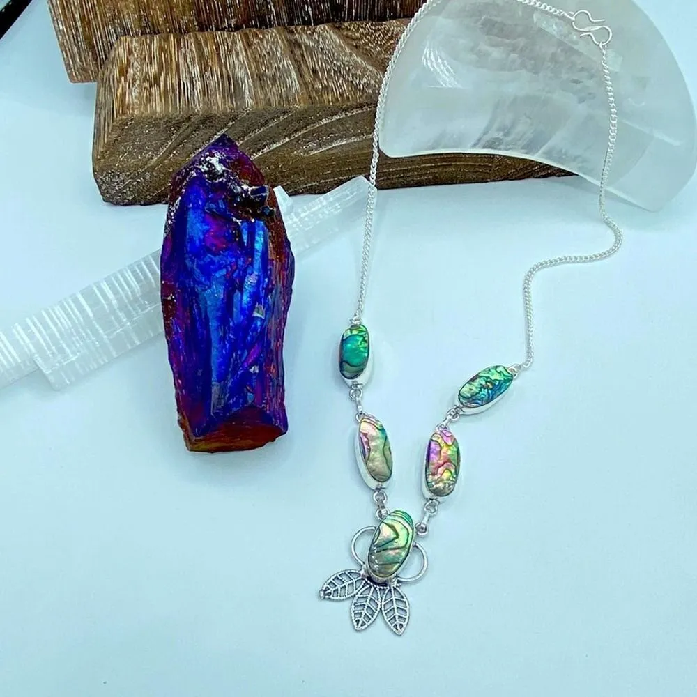 Abalone Shell Sterling Silver Boho Feather Necklace Green - Image 4