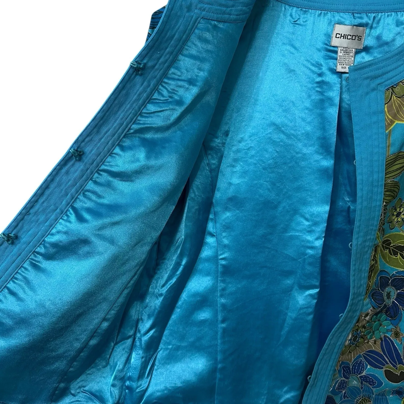 Chicos Jacket‎ Beads Metallic Thread Blue Floral Pockets Lined WOMENS SIZE 1 M - Image 7