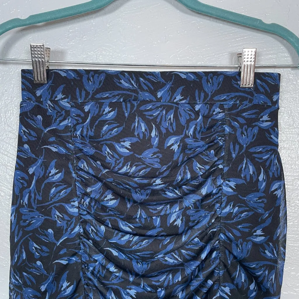 Free People Women XS Blue Black Floral Romi Mesh Mini Skirt Gathered Ruffle - Image 3
