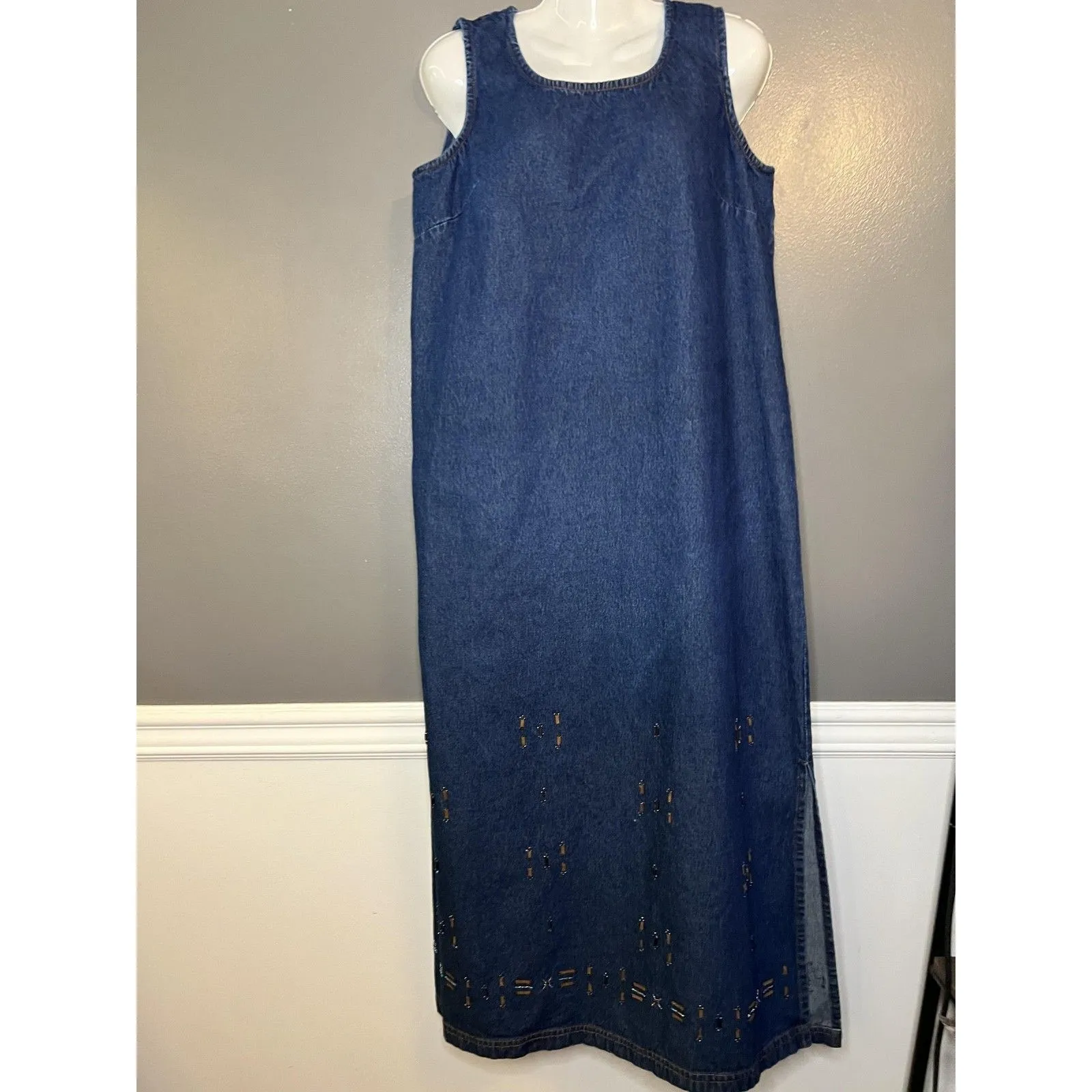 Parsley & Sage Dress Womens Large Blue Denim Beaded Hem Tank Maxi Sleeveless - Image 2