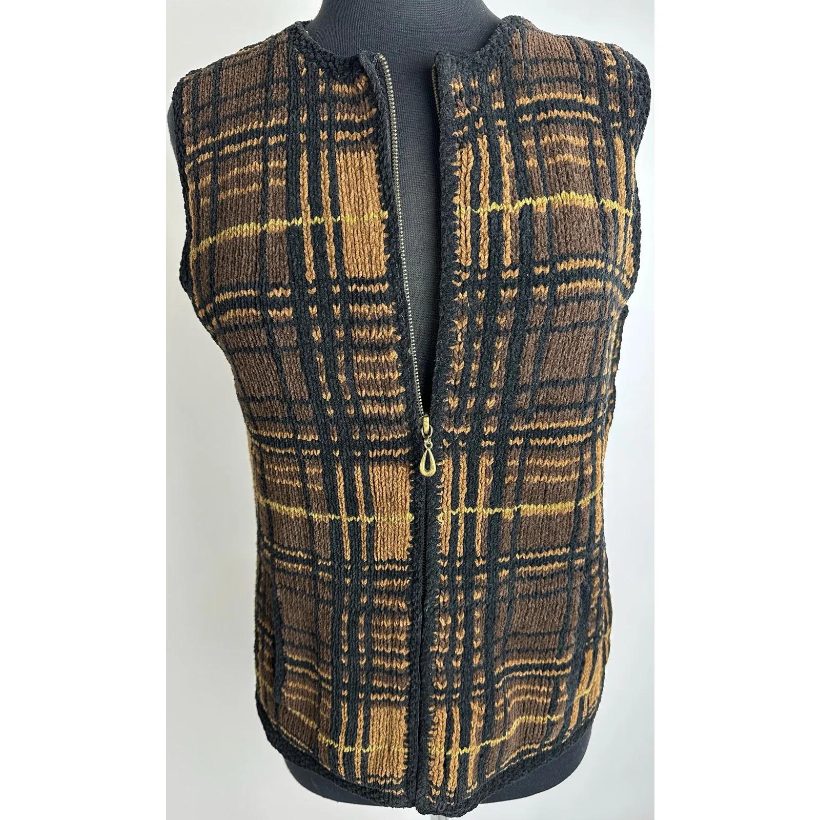Vintage Harold's Size Large Woven Knit Vest Black Brown Full Zip Retro Hipster - Image 3