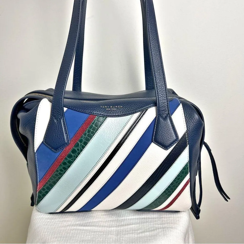 Tory Burch Blue Perry Balloon Stripe Satchel Leather Bag NEW Multicolor - Image 2