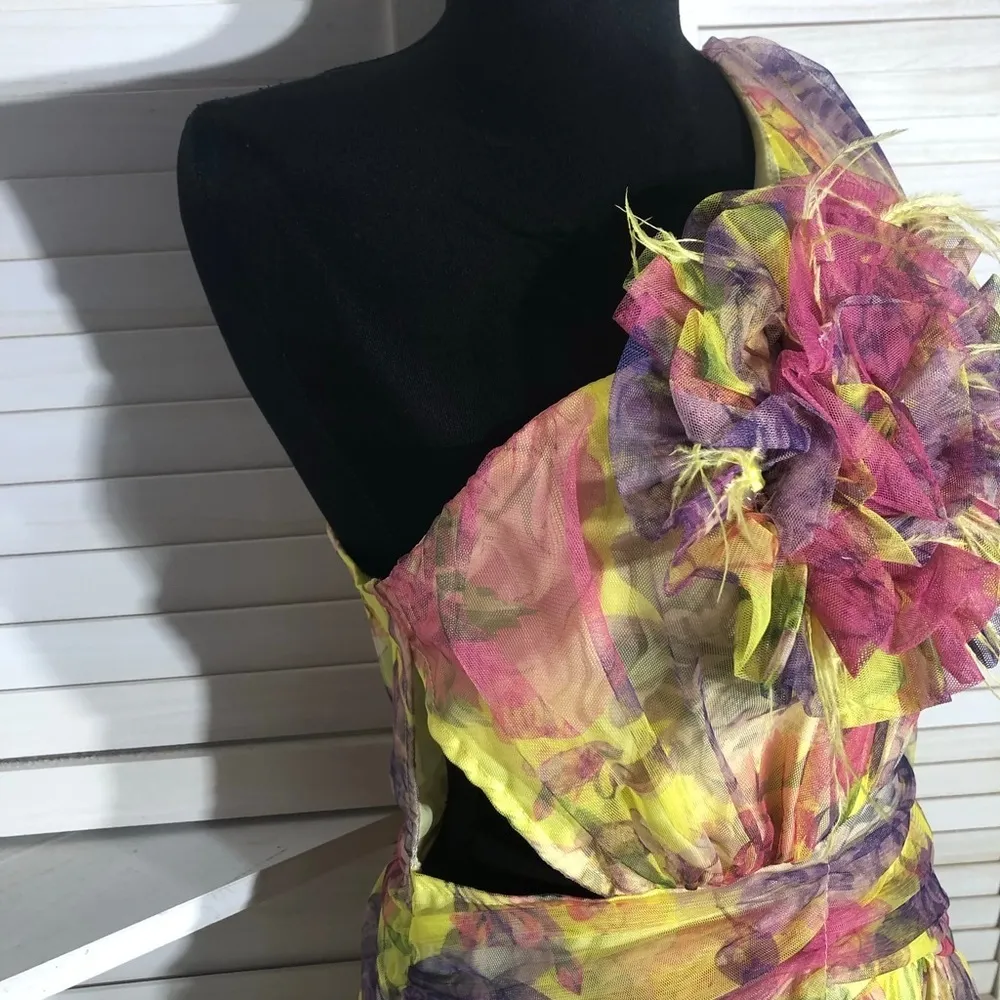 Vintage 70s One Shoulder Maxi Dress Floral Yellow Pink M Size M - Image 5