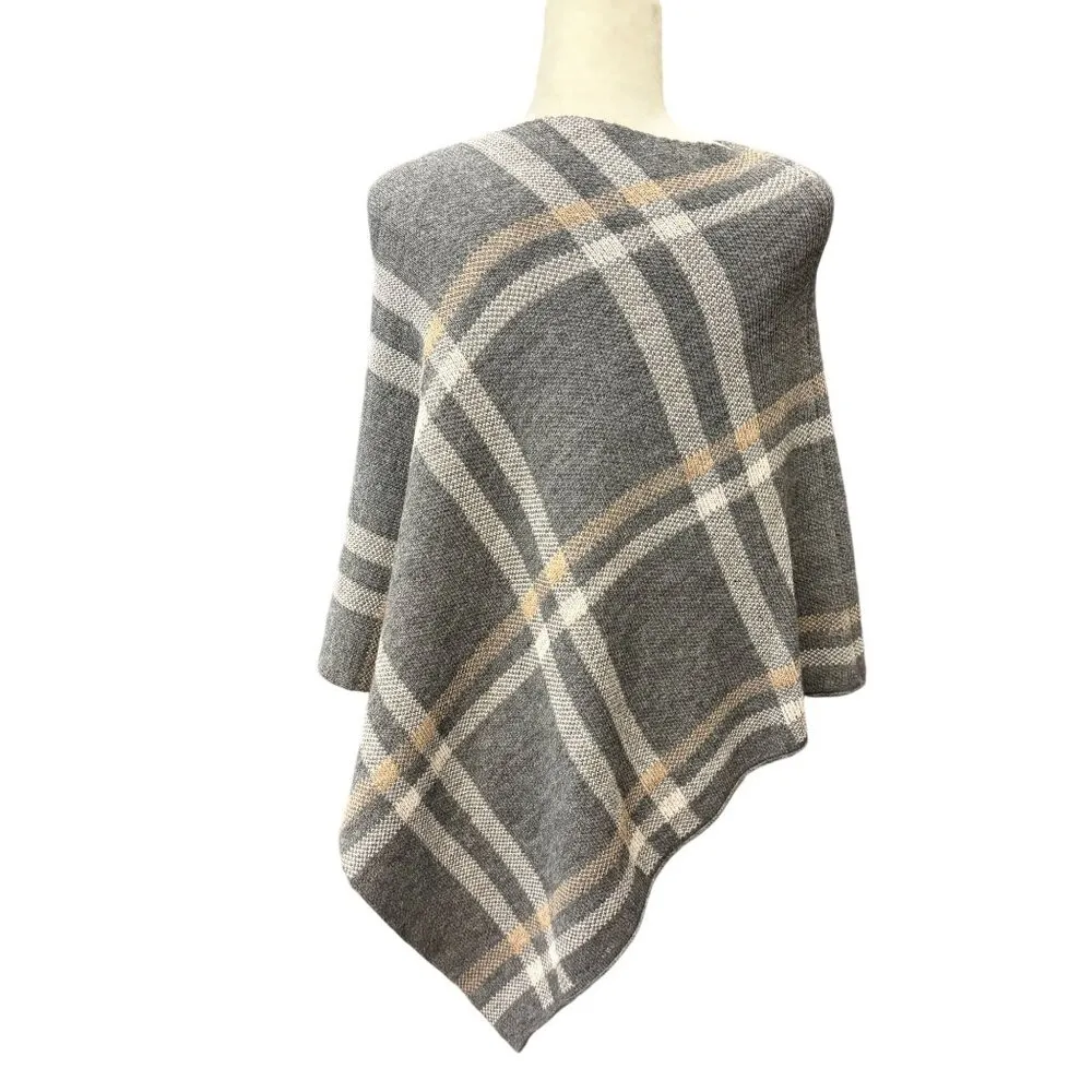 Nardi & Tagliaferri Gray Plaid Knit Poncho OSFA Made In Italy Wool Blend Size undefined - Image 2
