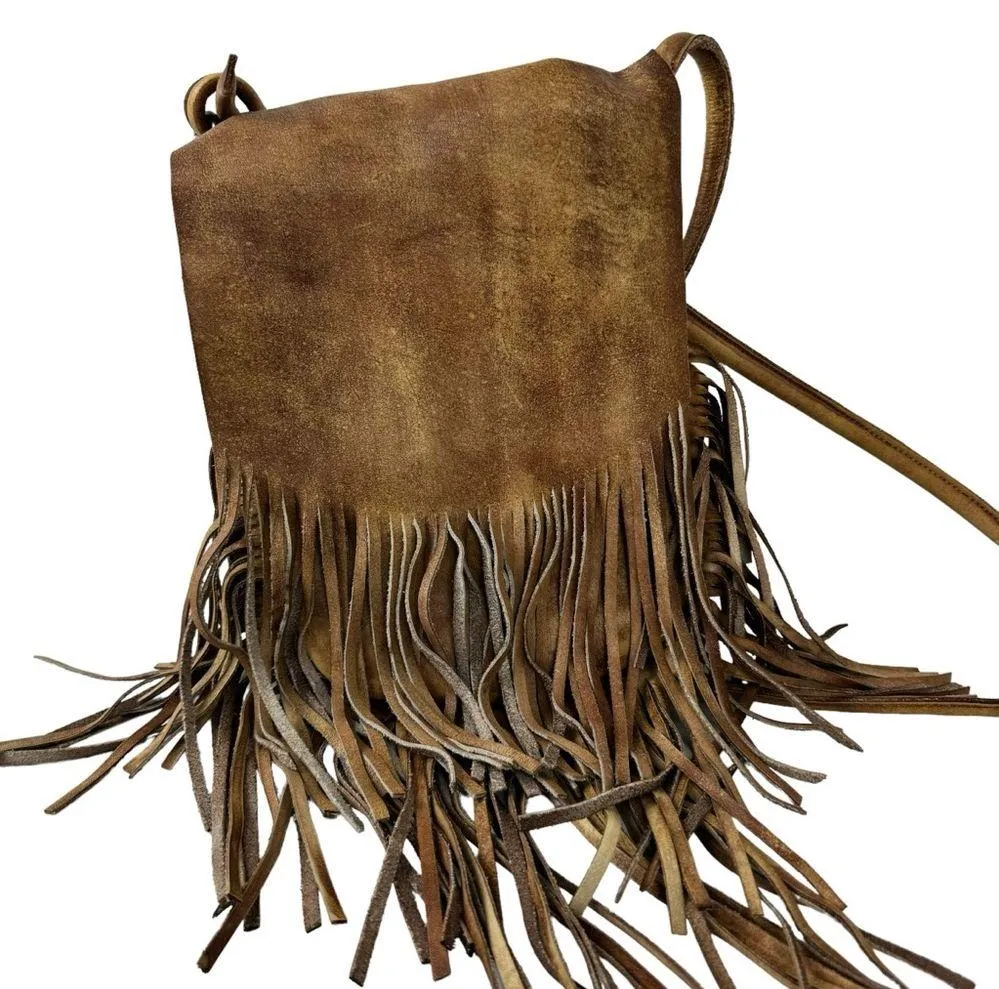 Monserat Lucca Fringe Flap Shoulder Crossbody Bag Leather Taupe Brown Bohemian - Image 4
