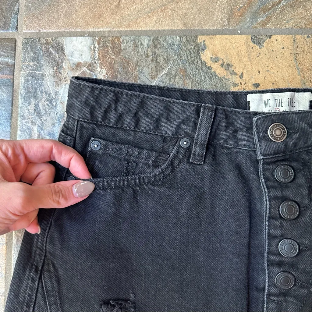 We The Free Black Button Fly Mini Skirt Jean Skirt Size 27 Distressed - Image 4