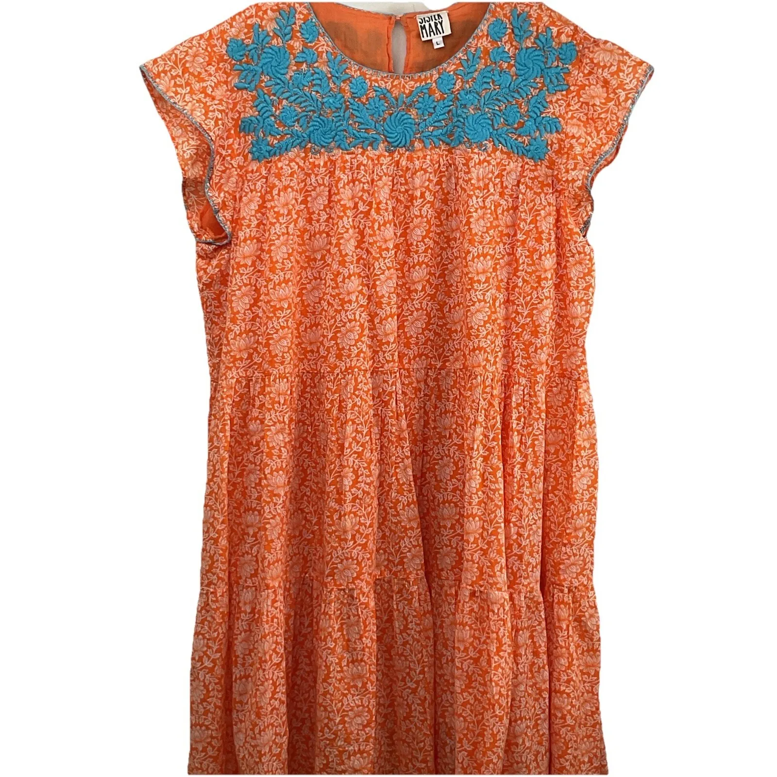 Sister Mary SZ Large blue embroidered bib vibrant floral orange midi dress - Image 3