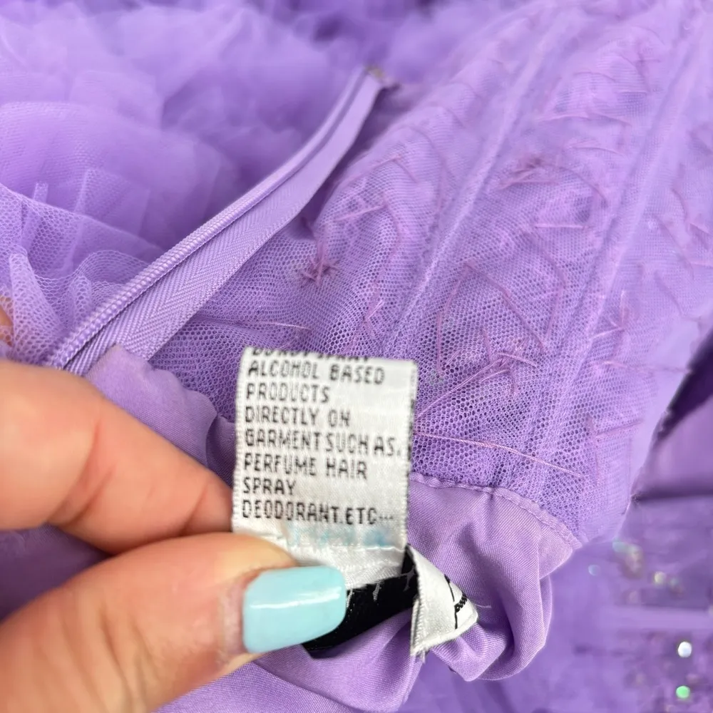 Lavender Tiered Ruffled Prom Dresses with Slit Feather Beaded Sheer Bodice Sz 6 - Image 6