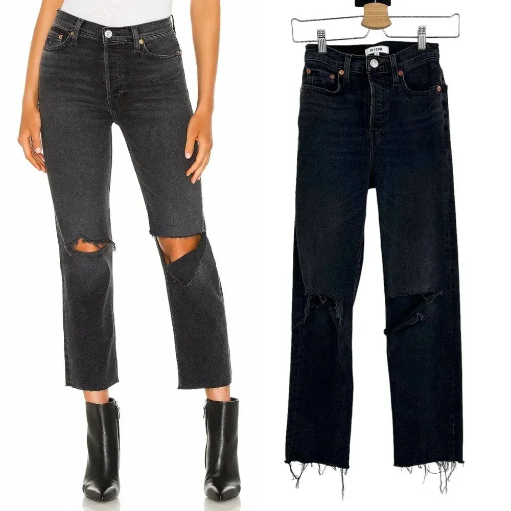 Re/Done Originals 70s Stove Pipe Jeans Faded Coal With Rips Size 23 - Image 2