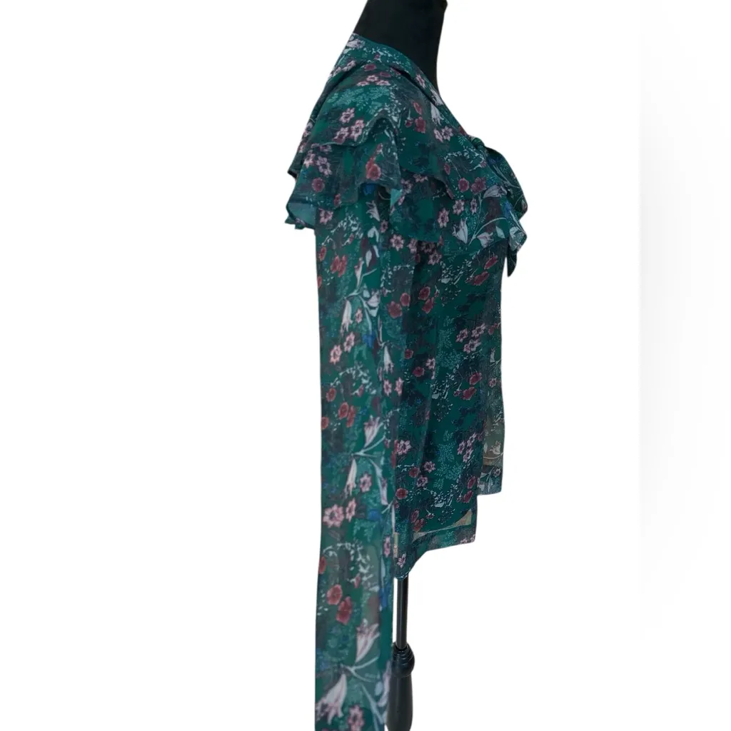 Promesa Green Floral Ruffle Tie Neck Blouse Size Small Sheer L/S Boho Top - Image 7