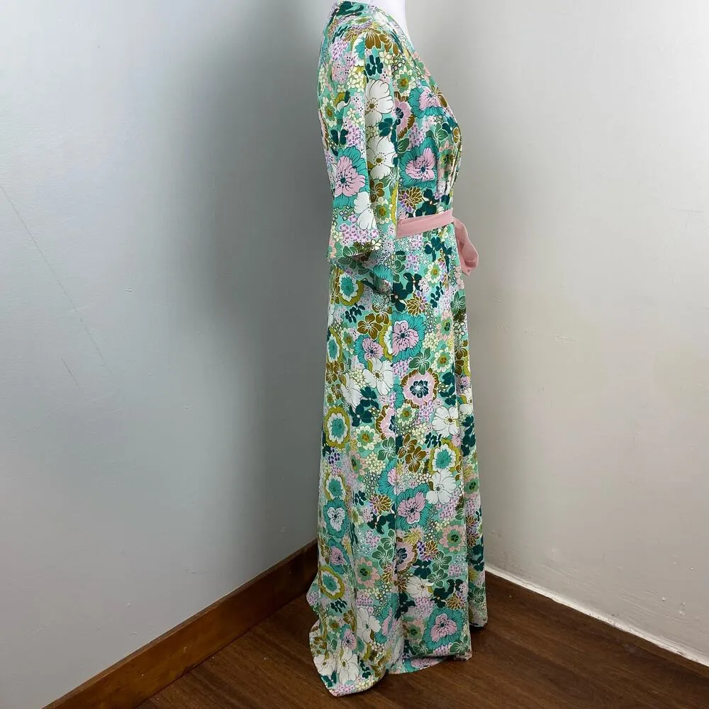 Unique Vintage Retro Floral Pastel Kimono Wrap Midi Dress Small NEW - Image 6