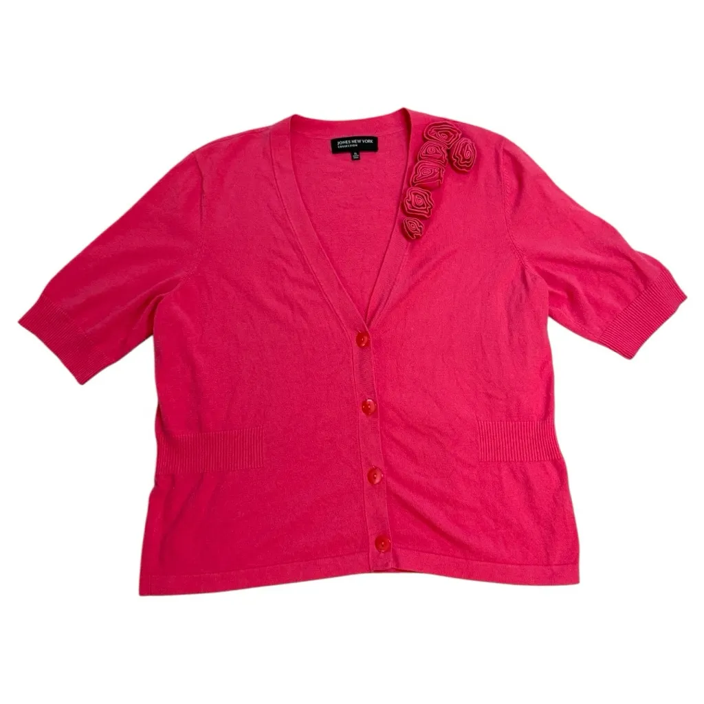 Vintage Jones New York Pink Rose Appliqué Shore Sleeved Cardigan - Image 2