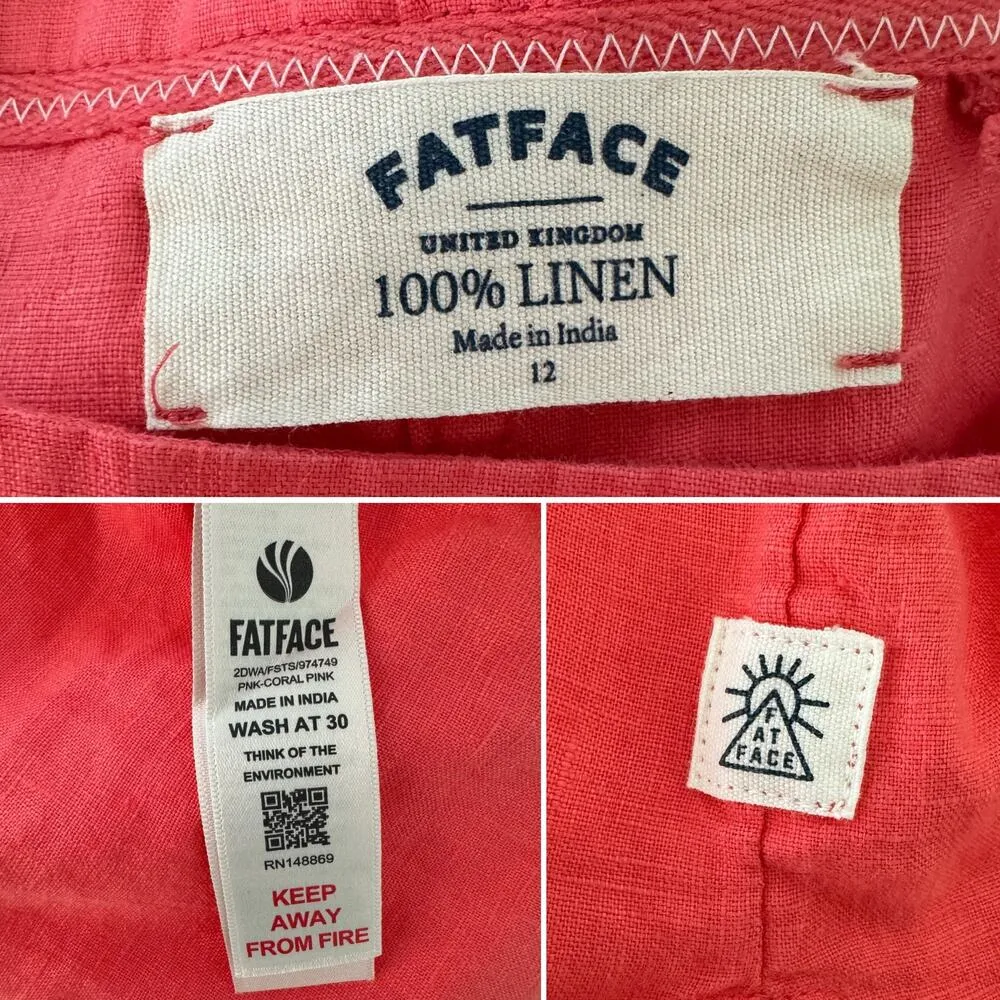 FatFace 100% linen long sleeve pop over tunic top coral salmon orange size 12 - Image 4