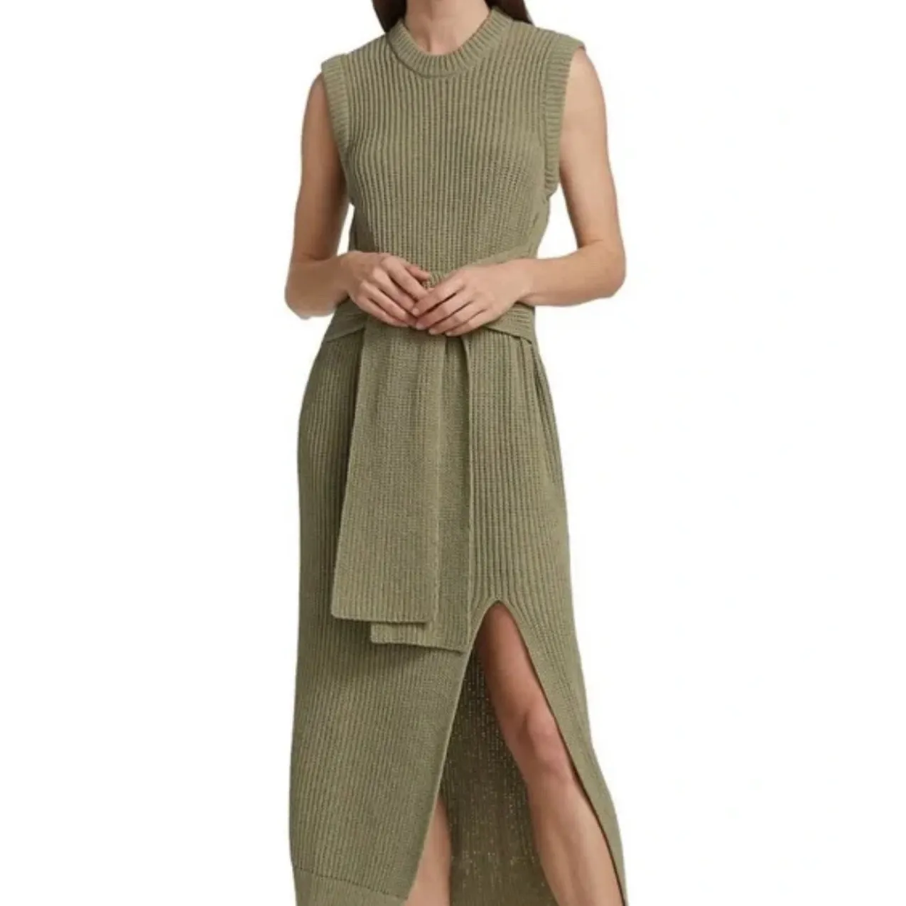 Jonathan Simkahi Jeane Waist Sash Boucle Modi Sweater Dress in Sage Size Medium‎ Green - Image 3