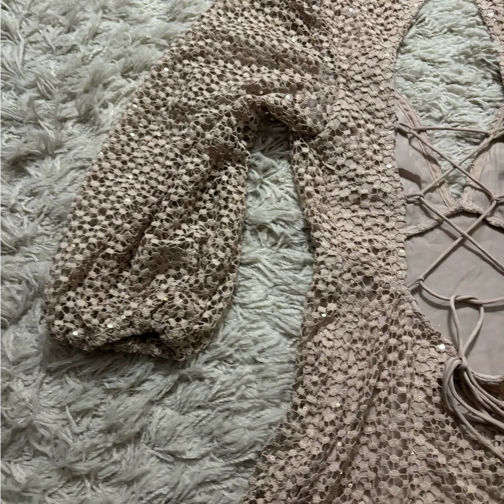 Free People Kaya Sequin Lace Mini Long Sleeve Dress in Beige Size S - Image 9