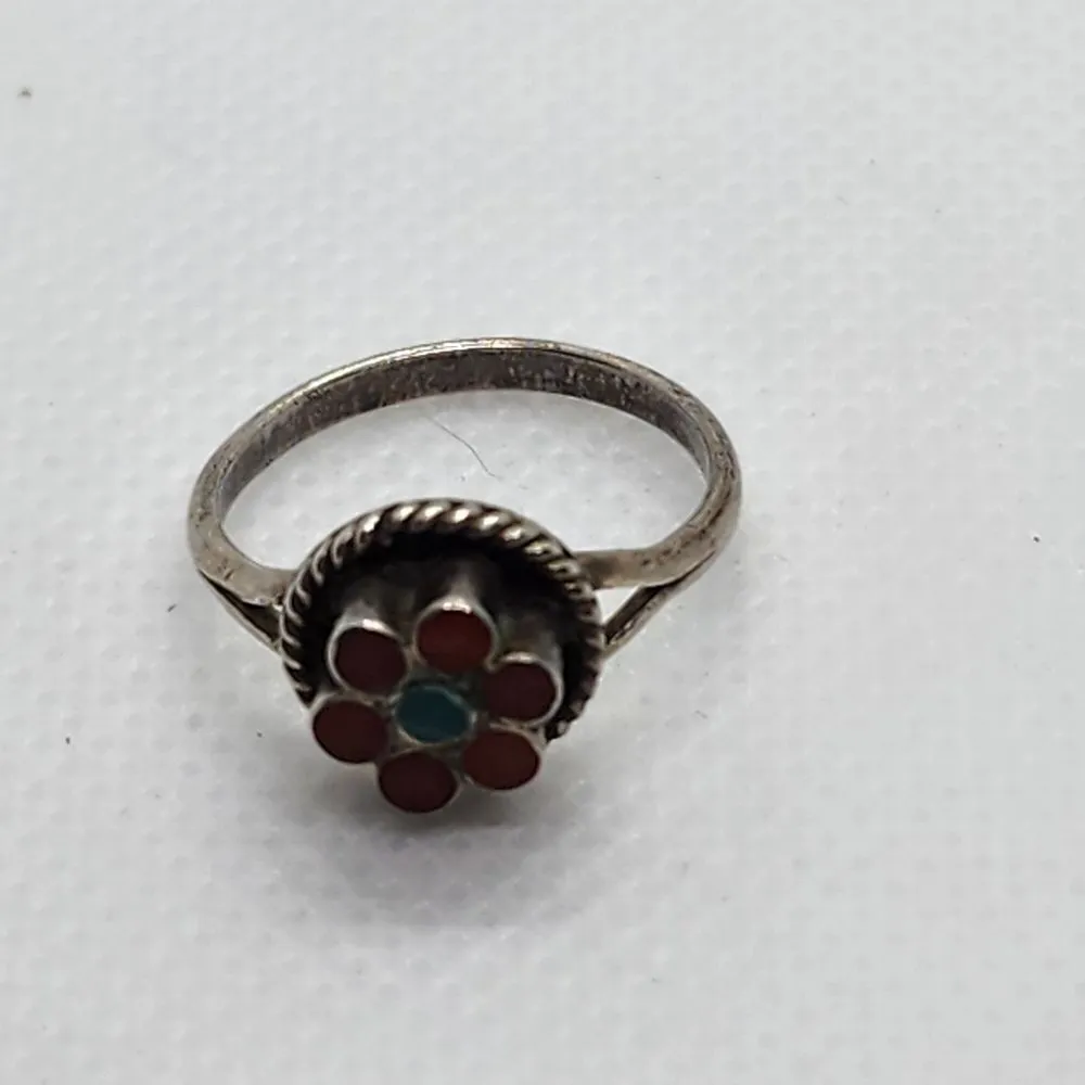 Vintage Southwestern Sterling Silver Turquoise & Coral Flower Ring (4.25) Red - Image 5