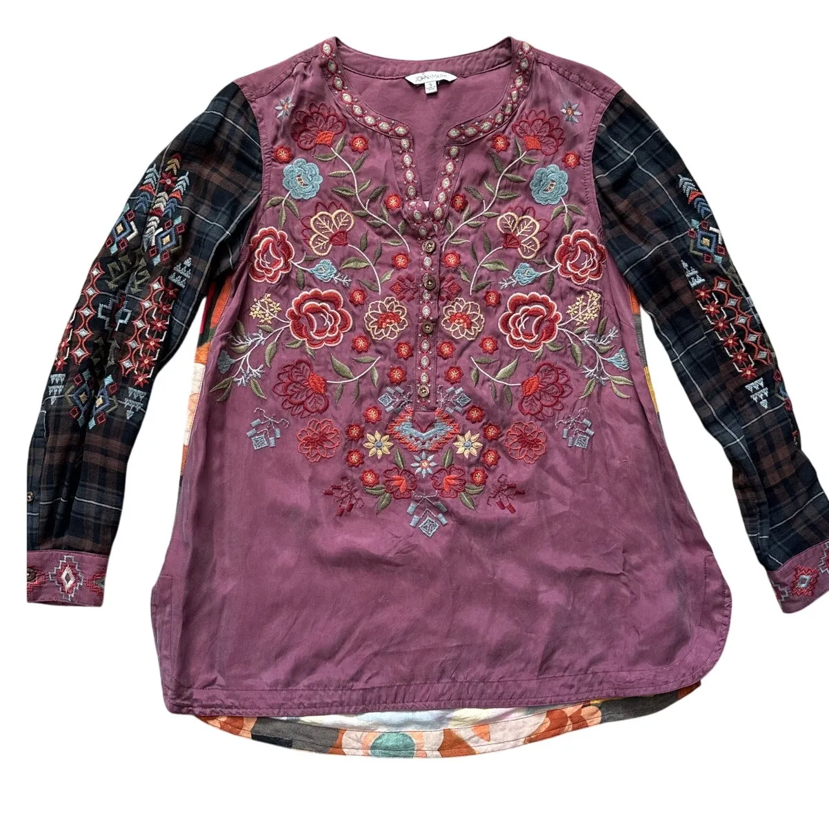 John Mark  Fully Embroidered Boho Mixed Media Long Sleeve Top Multi Size Small - Image 4