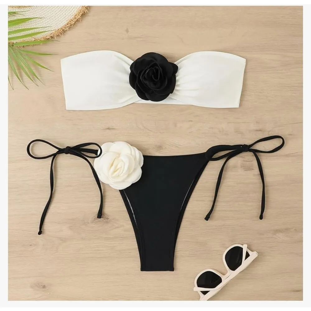 NEW~ 2 Pc 3D Rose Bandeau Bikini Swimsuit Bathing Suit Beachwear M Black Size M - Image 4