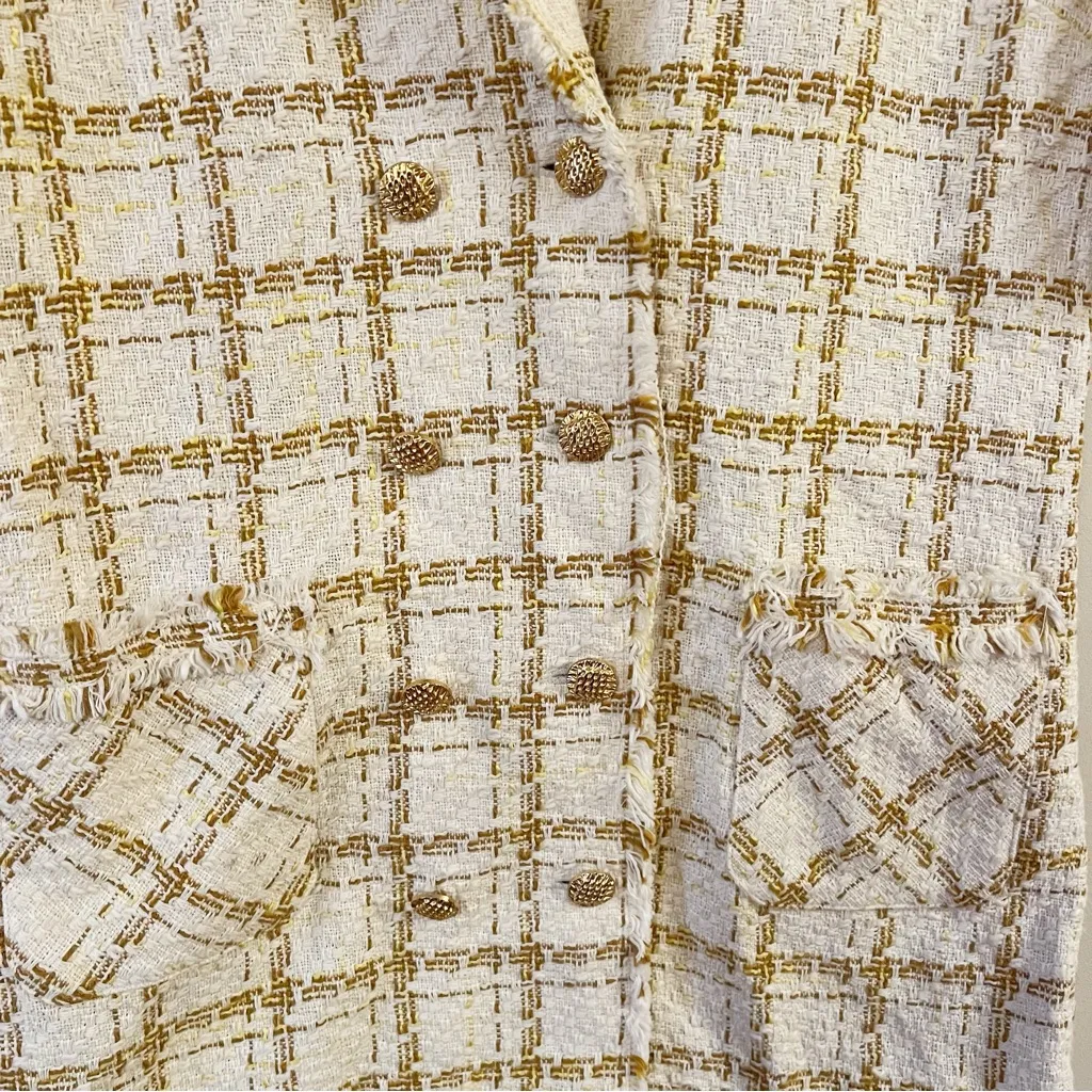 Zara Womens Short Blazer Dress Large Frayed Trim Double Breasted Plaid 2452/492 - Image 7