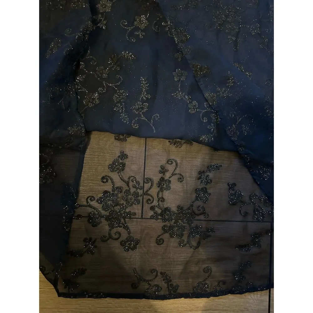 Vintage Dress Navy Black Shimmer floral Sheer Midi Size 14 1/2 Whimsy Fairy Goth Blue - Image 6