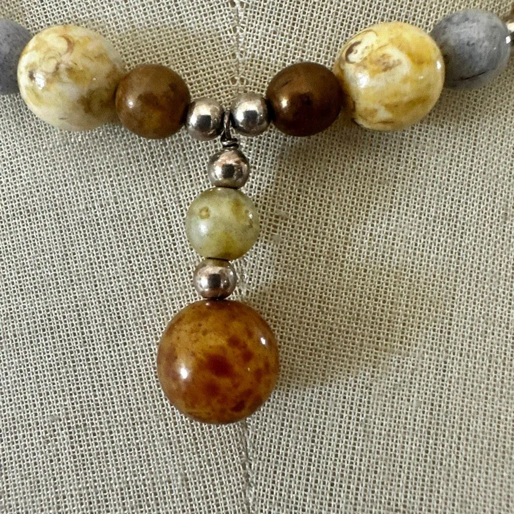 Multicolor Natural Stone Bead Necklace with Drop Pendant & Toggle Clasp - Image 2