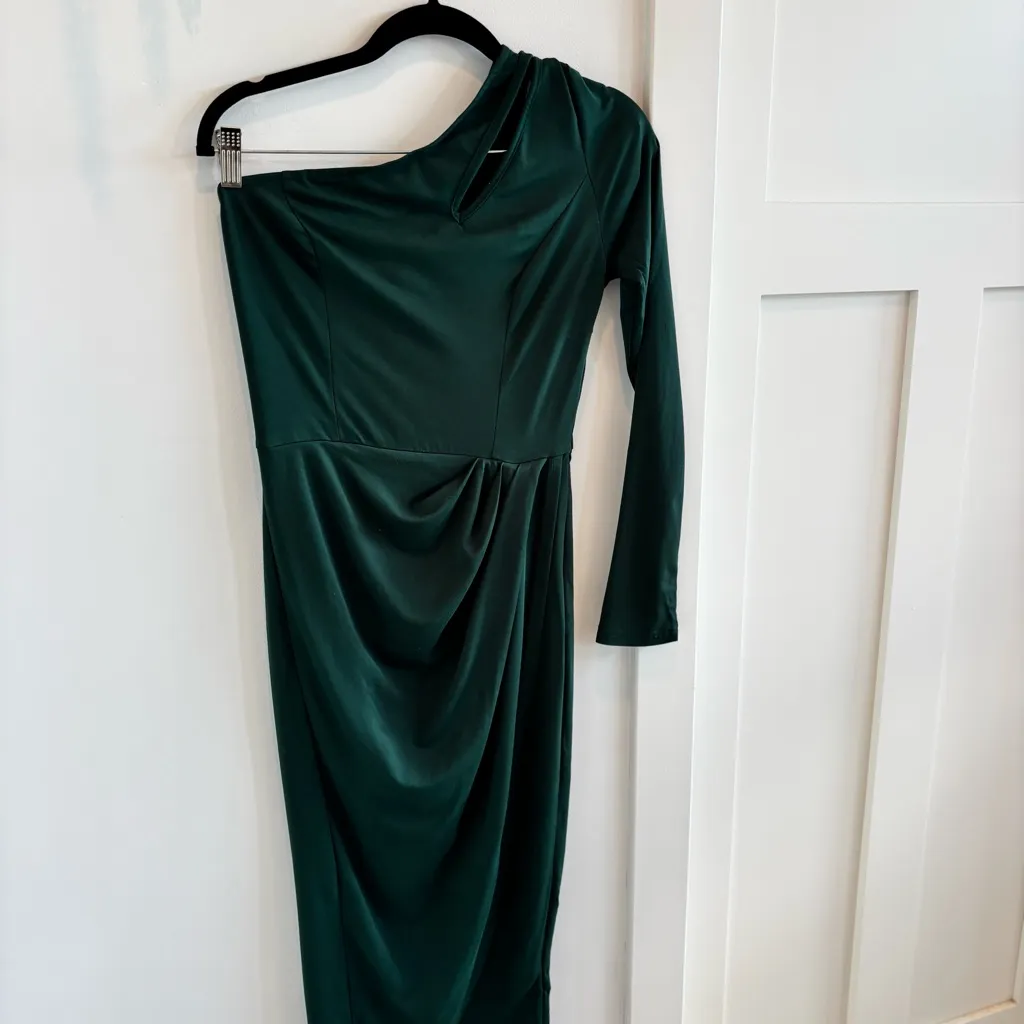 AZ Occasions One Shoulder Long Sleeve Dark Green Body Con Midi Dress Size S NWOT - Image 2